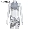 Werkjurken Mode Glanzend Metallic Rokken Sets O-hals Mouwloos Cropped Top Ruches Mini Zilver PU Co Ord Festivaloutfits Y2k