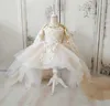 Girl Dresses Champagne Long Sleeve Flower Dress Lace Applique High-Low Baby Birthday Party Pageant Gown 2-16Y