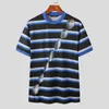 Men's T Shirts Casual Fashion Style Tops INCERUN Men Patchwork Striped Button T-shirts Streetwear Hollowed-out Short Sleeved Camiseta S-5XL