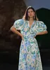 Casual Dresses Women Organic Cotton Blue Floral Printed Puff Short Sleeve Waist Laceup Long Dress 230420