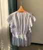 Women's Blouses Women Cotton & Ramie Blend Sleeveless Contrast Striped V Neckline Ruffled Gathering Waist Blouse Top