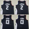 Equipe Paul George Basketball Jersey 13 Man Kawhi Leonard 2 cores Preto Azul Marinho Branco Cinza Cidade Ganhou Associação Puro Algodão Respirável Ícone Tudo Costurado Bom