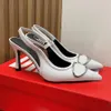 Metallic Letter High Heels Women Retro Fashion Pointed Toes Slingbacks Kitten Heel Sandals 8.5 cm Luxury Designer Denim Blue Dress Shoes Office Party Shoes Shoes