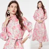 Bloemen Boho Maxi-jurk Feestgewaden Lange mouwen Dames Designer Opstaande Kraag Slank Vakantie Kanten Strikjurken 2023 Herfst Winter Runway Ruches Elegant Casual Jurken