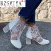 Abendschuhe Frühling Sommer Stiefel Mode Strass Gaze Sandalen Dicke Absätze Mesh Stiefel Hohle Damenschuhe Große Größe 43 230419