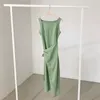 Casual Dresses Retro Sleeveless Cotton And Linen Women Dress Summer One-piece Slim Waist Lace-up Female Long Vestidos Femme Green 2023