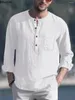 Męskie koszule 2023 Bawełniany lniany solidny swobodny bluzka szyja koszulka z długim rękawem letnie jesień miękkie camisetas