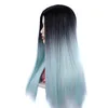 yielding Black gradient sky blue long straight hair wig head cover middle split straight hair wig head cover straight hair head cover