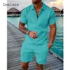 Mens Tracksuits Men Casual Two Pieces Outfit Short Sleeve Notched Pullovers and Shorts Sets Sexy Mens Clothing Summer Pocket Design Men Set 230419