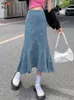 Kjolar y2k ruffles long sjöjungfru denim kvinnor koreansk mode sexig maxi flare blå jeans streetwear trumpet goth jean 230420