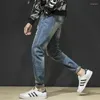 Jeans masculinos vintage high street lavado velho denim marca de moda regular ajuste barril reto mendigo buraco calças arruinadas