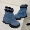 Denim Neue Hosenstiefel Damen Runde Zehen Stiefel mit dickem Boden Slip-On Trendige Nischen-Kurzstiefel
