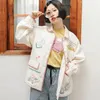 Jackets femininos Bebobsons Spring Women Cotton Cotton Casaats Basic Casual Exterswear Padrão Bordado Bege Cartoon Bolso Nicho Original