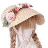 Brede rand Handgemaakte vrouwen 1800s Victoriaanse bruiloft tea feest motorkap lolita hoed vintage bloemenstrand zon stro weeft