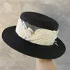 Brede rand hoeden zomer elegante retro vrouwen platte top stro hoed kanten lint casual caps strand zon m letter vakantie cap sombrero playa mujer