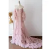 Robes de soirée jolie rose voir à travers Tulle volants de bal à plusieurs niveaux robes de ligne bouffantes manches longues femmes longue Robe grande taille