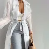 Women's Jacket Fashion See Through Outdoor Tops Lace Up Spring Solid Sheer Mesh Long Sleeve Buttoned Coat With Belt Elegant Shirts 230419