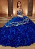 2024 Blue Ball Gown Beaded Quinceanera 드레스 레이스 아플리케 댄스 파티 가운 연인 네크 라인 Organga Sweet 15 Corset Masquerade Dress