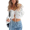 Kvinnors T -skjortor Kvinnor Sexiga stickade toppar Sheer Mesh Hollow Out Solid Color Bandage Cardigan Se genom Streetwear