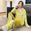 Women's Sleepwear Autumn Winter Lapel Cardigan Lounge Sets Womens Canary Velvet Soft Pajamas For Sleeping Retro Printing Suit