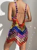 Casual Dresses Colorful Rands Casual Dresses Openback Body Jewelry Dress Party Ladies Clubwear Women Rainbow Chain Mail Mini Dress 230420