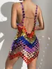 Robes décontractées Robes décontractées à rayures colorées Openback Body Jewelry Dress Party Ladies Clubwear Femmes Rainbow Chain Mail Mini Dress 230420