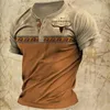 Herren T-Shirts Vintage 3D Henley Shirt T-Shirt Grafik Kurzarm T-Shirts V-Ausschnitt Baumwolle Button-Down Übergroßes männliches T-Shirt Pullover