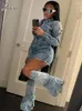 Vestidos casuais joskaa azul denim 3 peça conjunto mulheres sexy lapela botão manga longa mini vestido e calças perna combinando outono 2023 streetwear