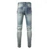 Herr jeans street mode män retro blå elastisk smal passformad cyklist homme läder lapp designer hip hop varumärke byxor