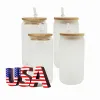 US/ CA Local Warehouse 16oz Sublimation Glass Beer Mugs with Bamboo Lids and Straw Tumblers DIY Blanks Cans Heat Transfer Iced Coffee Cups Soda Glasses Mason Jars 0420