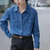 Kadınlar Blouses 2023 Bahar Koreli Vintage Uzun Kollu Moda Mavi Kadın Denim Gömlek Tops Z046