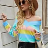 Suéteres de mujer Suéter a rayas de color a la moda Jersey de punto con cuello en V Top de manga larga Ropa de mujer Prendas de punto sueltas Jerséis para niñas dulces