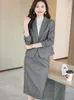 Two Piece Dress High Quality Women Formal Jacket Skirt Suit Ladies Gray Pink Coffee Long Sleeve Female Set Blazer For Autumn Winter