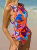 Suits Sexy High Cut Women's Swimsuit Vintage Print Swimwear Women Zipper Monokini Bathing Suit Push Up Beachwear Bikini 230419