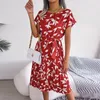 Casual Dresses Women's Leaf Printed Short Sleeved Large Pleated Dress Summer Knee Length