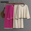 Kadınlar İki Parçalı Pantolon Gigogou Moda 2 Pip Sweater Uzun Kollu Çizgili Laceelastik Bel Takım Knited Set 231120