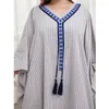 Ethnic Clothing Abaya Stripes Muslim Women Maxi Dress Batwing Sleeve V-neck Islam Loose Casual Tassel Robe Oversized Ramadan Ladies Gown