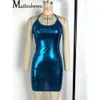 Vestido de cuero PU de Color metálico para mujer, vestido Sexy con cuello en U elástico y ajustado a la cadera, vestido corto ajustado para fiesta en club nocturno