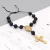 Braccialetti con ciondoli Goboho Bracciale con croce di Cristo per uomo Gioielli di preghiera placcati in oro Pietra naturale regolabile Pulsera Onice nero