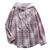 Women's Blouses Long Sleeve Autumn Shirts For Women Classic Plaid Print Patch Pocket Drawstring Casual Hooded Sweatshirt Shirt Female