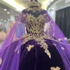 Purple Quinceanera Dresses Sexy Off the Shoulder Princess Gold Applique Bow With Cape Ball Gown Corset Party Dress for 15 Year Girl