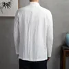 Camisas casuais masculinas manga comprida bolsos camisa tradicional estilo chinês gola mandarim com mangas botão de disco