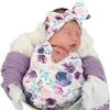 Blankets & Swaddling 3PCS Born Baby Swaddle Wrap Floral Print Blanket Stretch Receiving With Matching Headband And Beanie