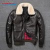 Mens Leather Faux Air Force Flying Jacket päls krage toppskiktet kohud herrar svart brun vinter 231118