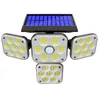 Lampe murale extérieure Lampes solaires, Projecteur à détecteur de mouvement 180 LED, 4 têtes avec 3 modes, IP65 étanche, sécurité intégrée, éclairage grand angle, lumière du jour du garage