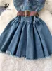 Casual Dresses SINGREINY Fashion Streetwear Denim Dress Spaghetti Strap Cross Lace Up Bow Belt Zipper Pleated Women American Vintage Mini