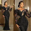 2023 Plus Size Lastest Aso Ebi Prom Dresses Long Tulle Lace Sleeves Mermaid Black Beading African Nigeria Glitter Evening Dress Second Reception Gowns