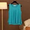 Blusas femininas 2023 Tops soltos de verão de verão Mulheres sem mangas colete coreano dobra Chiffon Shirt Color Solid Casual Roupas femininas