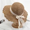 Chapeaux à large bord 2023 Seau d'été pour femmes Pliant dentelle Bow Crochet Chapeau de paille Panamas Protection UV Grand pare-soleil Bord de mer Plage