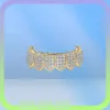 Brillante Hip Hop Grillz Iced Out CZ Fang Boca dientes parrillas Tapas Top Diente inferior Conjunto Hombres Mujeres Vampiro Parrillas Joyería de moda 8730305